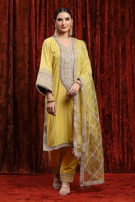 SHIKHAR SHARMA Yellow Kurta Cotton Lurex Embroidered Gota V-neck Striped Badla Pant Set 