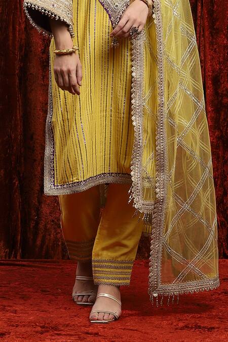 Shikhar Sharma_Yellow Cotton, Silk, Net, Chanderi Gota Striped Badla Embroidered Kurta Pant Set _Online_at_Aza_Fashions