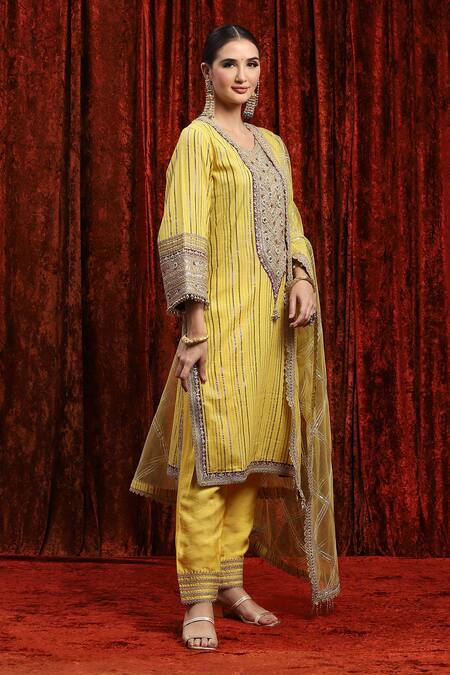 Buy_Shikhar Sharma_Yellow Cotton, Silk, Net, Chanderi Gota Striped Badla Embroidered Kurta Pant Set _Online_at_Aza_Fashions