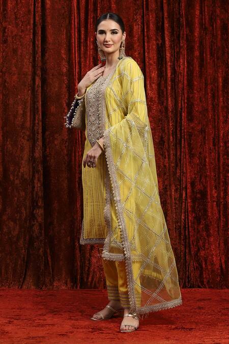 Shop_Shikhar Sharma_Yellow Cotton, Silk, Net, Chanderi Gota Striped Badla Embroidered Kurta Pant Set _Online_at_Aza_Fashions
