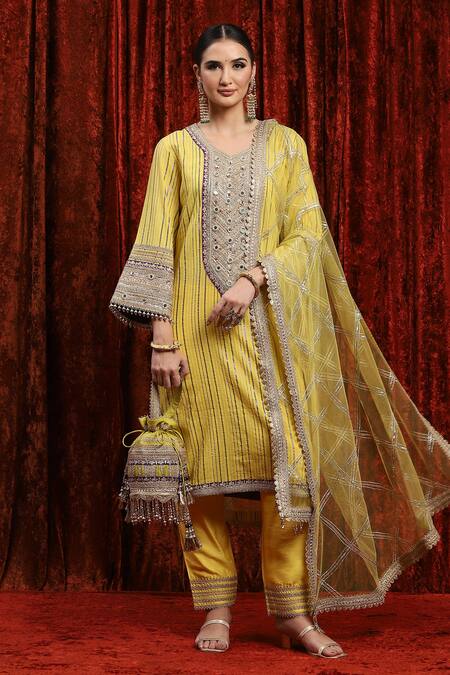 Shikhar Sharma_Yellow Cotton, Silk, Net, Chanderi Gota Striped Badla Embroidered Kurta Pant Set _at_Aza_Fashions