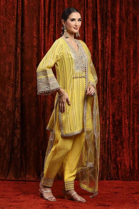 Shikhar Sharma_Yellow Cotton, Lurex, Silk, Chanderi, Net Embroidery, Gota Kurta Pant Set _Online_at_Aza_Fashions