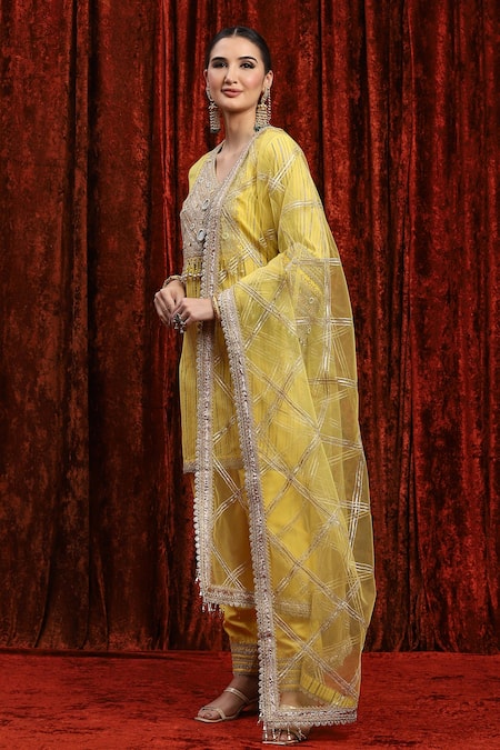 Buy_Shikhar Sharma_Yellow Cotton, Lurex, Silk, Chanderi, Net Embroidery, Gota Kurta Pant Set _Online_at_Aza_Fashions