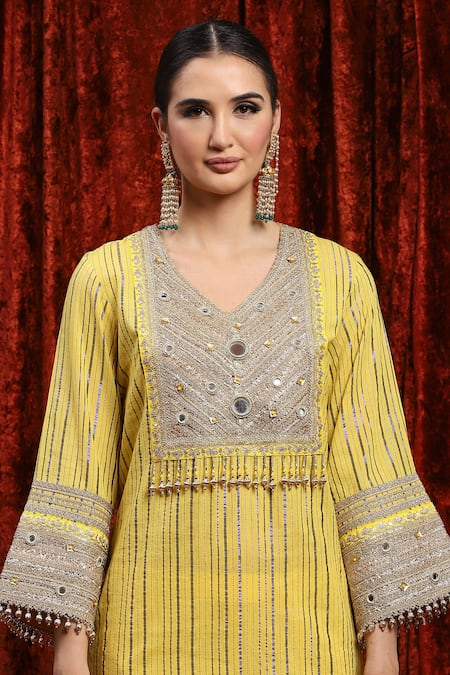 Shop_Shikhar Sharma_Yellow Cotton, Lurex, Silk, Chanderi, Net Embroidery, Gota Kurta Pant Set _Online_at_Aza_Fashions