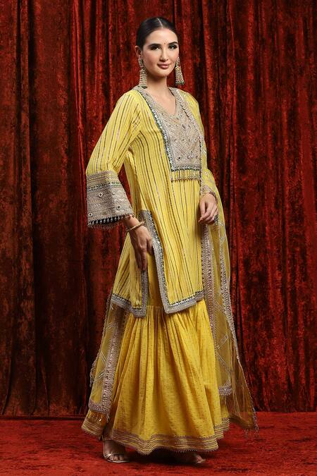 Shikhar Sharma_Yellow Cotton, Silk, Net, Chanderi Embroidery, Kurta Dot Pattern Sharara Set _Online_at_Aza_Fashions