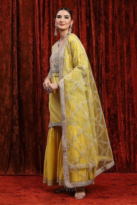 Buy_Shikhar Sharma_Yellow Cotton, Silk, Net, Chanderi Embroidery, Kurta Dot Pattern Sharara Set _Online_at_Aza_Fashions