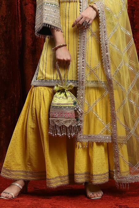 Shikhar Sharma_Yellow Cotton, Silk, Net, Chanderi Embroidery, Kurta Dot Pattern Sharara Set _at_Aza_Fashions