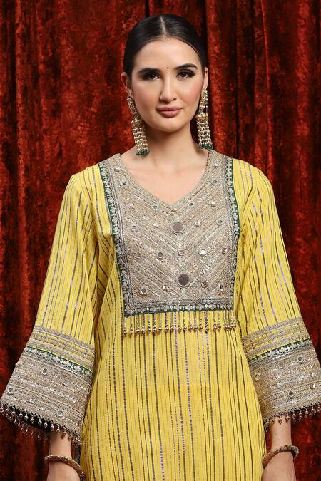 Buy_Shikhar Sharma_Yellow Cotton, Silk, Net, Chanderi Embroidery, Kurta Dot Pattern Sharara Set 