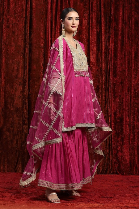 Shikhar Sharma_Pink Cotton, Lurex, Silk, Chanderi, Net Kurta Dot Pattern Sharara Set _Online_at_Aza_Fashions