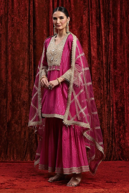 Buy_Shikhar Sharma_Pink Cotton, Lurex, Silk, Chanderi, Net Kurta Dot Pattern Sharara Set _Online_at_Aza_Fashions