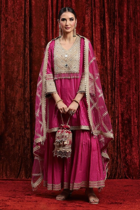 Shop_Shikhar Sharma_Pink Cotton, Lurex, Silk, Chanderi, Net Kurta Dot Pattern Sharara Set _Online_at_Aza_Fashions