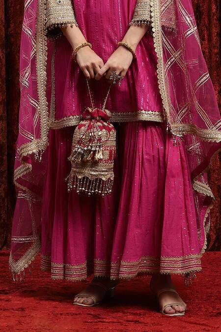 Shikhar Sharma_Pink Cotton, Lurex, Silk, Chanderi, Net Kurta Dot Pattern Sharara Set _at_Aza_Fashions
