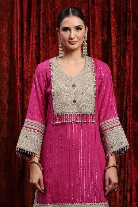 Buy_Shikhar Sharma_Pink Cotton, Lurex, Silk, Chanderi, Net Kurta Dot Pattern Sharara Set 