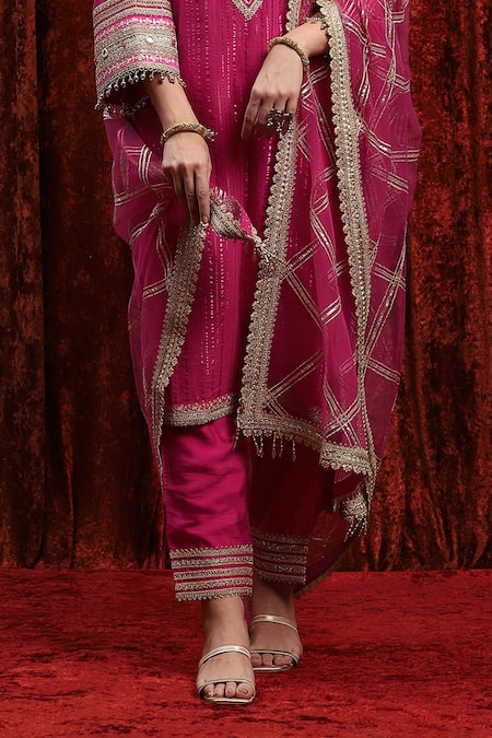 Shikhar Sharma_Pink Cotton, Silk, Net, Chanderi Embroidery, Kurta Set With Checkered Dupatta _Online_at_Aza_Fashions
