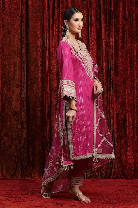 Buy_Shikhar Sharma_Pink Cotton, Silk, Net, Chanderi Embroidery, Kurta Set With Checkered Dupatta _Online_at_Aza_Fashions