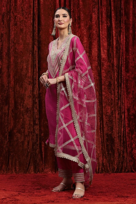Shop_Shikhar Sharma_Pink Cotton, Silk, Net, Chanderi Embroidery, Kurta Set With Checkered Dupatta _Online_at_Aza_Fashions