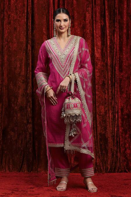 Shikhar Sharma_Pink Cotton, Silk, Net, Chanderi Embroidery, Kurta Set With Checkered Dupatta _at_Aza_Fashions