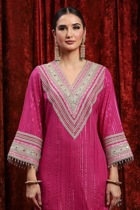 Buy_Shikhar Sharma_Pink Cotton, Silk, Net, Chanderi Embroidery, Kurta Set With Checkered Dupatta 