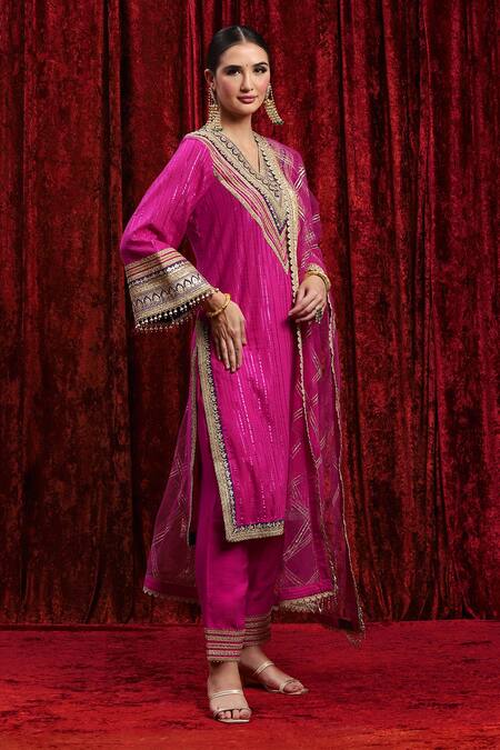 Shikhar Sharma_Pink Cotton, Silk, Net, Chanderi Embroidery, Sequins Striped Kurta Pant Set _Online_at_Aza_Fashions