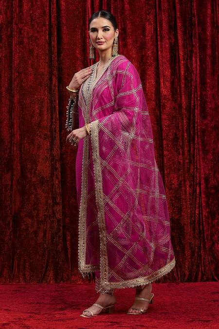 Buy_Shikhar Sharma_Pink Cotton, Silk, Net, Chanderi Embroidery, Sequins Striped Kurta Pant Set _Online_at_Aza_Fashions