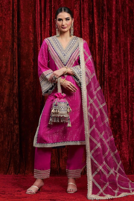 Shop_Shikhar Sharma_Pink Cotton, Silk, Net, Chanderi Embroidery, Sequins Striped Kurta Pant Set _Online_at_Aza_Fashions