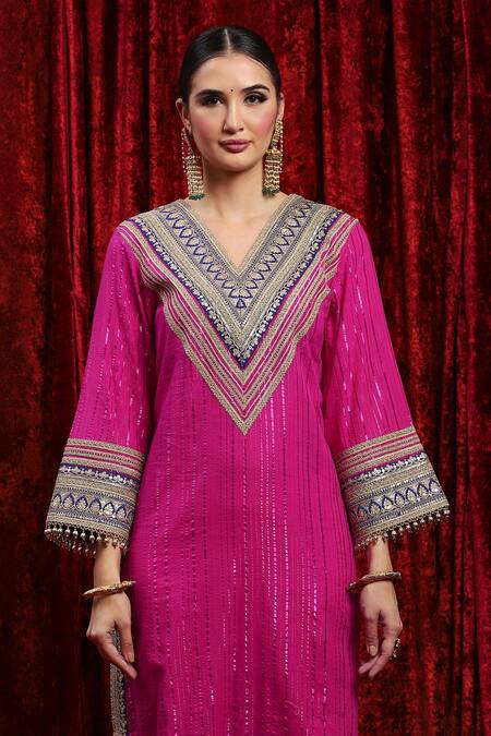 Shikhar Sharma_Pink Cotton, Silk, Net, Chanderi Embroidery, Sequins Striped Kurta Pant Set _at_Aza_Fashions