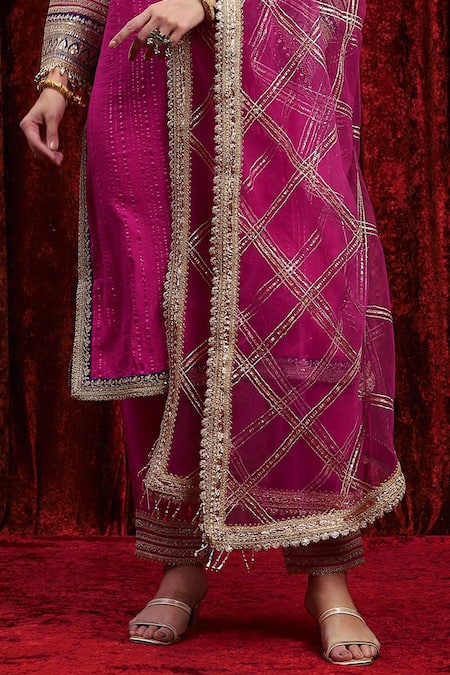 Buy_Shikhar Sharma_Pink Cotton, Silk, Net, Chanderi Embroidery, Sequins Striped Kurta Pant Set 