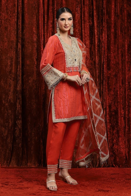 Shikhar Sharma Orange Cotton, Silk, Net, Chanderi Embroidery, Striped Kurta Set With Pant Online at Aza Fashions Shikhar Sharma_Orange Cotton, Silk, Net, Chanderi Embroidery, Striped Kurta Set With Pant _Online_at_Aza_Fashions