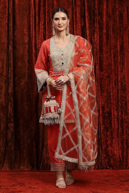 Shop Shikhar Sharma Orange Cotton, Silk, Net, Chanderi Embroidery, Striped Kurta Set With Pant Online at Aza Fashions Shop_Shikhar Sharma_Orange Cotton, Silk, Net, Chanderi Embroidery, Striped Kurta Set With Pant _Online_at_Aza_Fashions