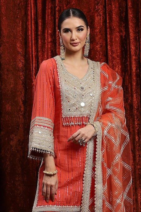Buy Shikhar Sharma Orange Cotton, Silk, Net, Chanderi Embroidery, Striped Kurta Set With Pant Buy_Shikhar Sharma_Orange Cotton, Silk, Net, Chanderi Embroidery, Striped Kurta Set With Pant