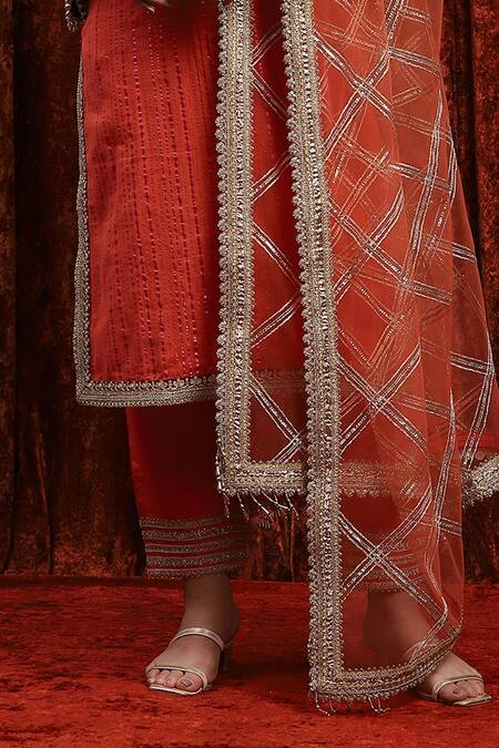 Shikhar Sharma_Orange Cotton, Silk, Net, Chanderi Striped Kurta Set With Checkered Dupatta _Online_at_Aza_Fashions