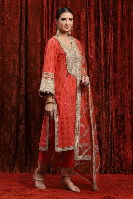 Buy_Shikhar Sharma_Orange Cotton, Silk, Net, Chanderi Striped Kurta Set With Checkered Dupatta _Online_at_Aza_Fashions
