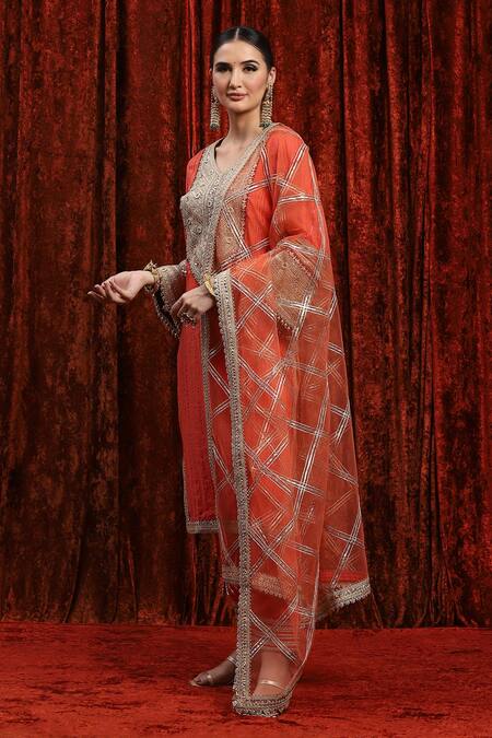 Shop_Shikhar Sharma_Orange Cotton, Silk, Net, Chanderi Striped Kurta Set With Checkered Dupatta _Online_at_Aza_Fashions