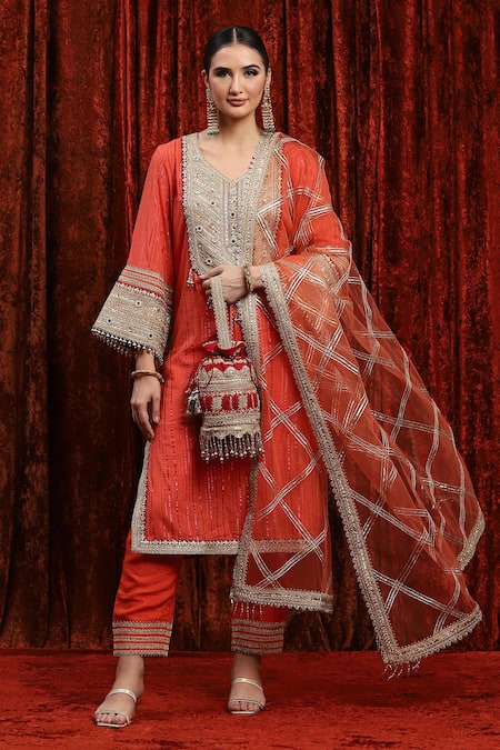Shikhar Sharma_Orange Cotton, Silk, Net, Chanderi Striped Kurta Set With Checkered Dupatta _at_Aza_Fashions