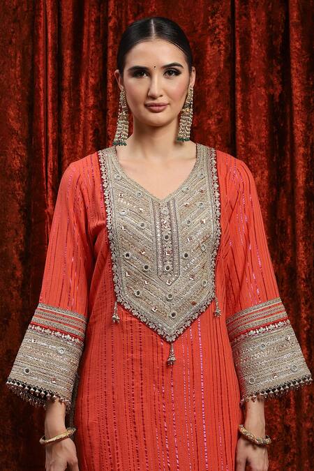 Buy_Shikhar Sharma_Orange Cotton, Silk, Net, Chanderi Striped Kurta Set With Checkered Dupatta 