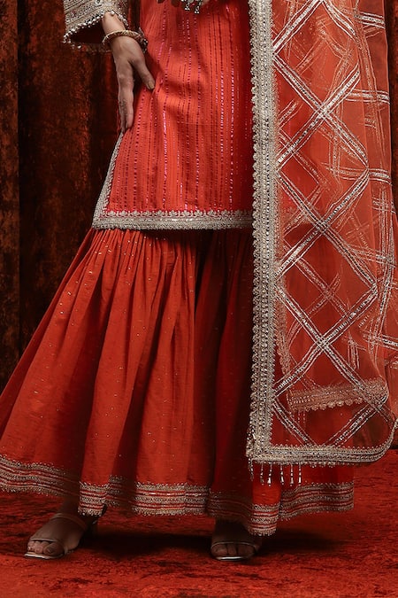 Shikhar Sharma_Orange Cotton, Silk, Chanderi, Net Embroidery, Sequins, Gota Kurta Sharara Set _Online_at_Aza_Fashions