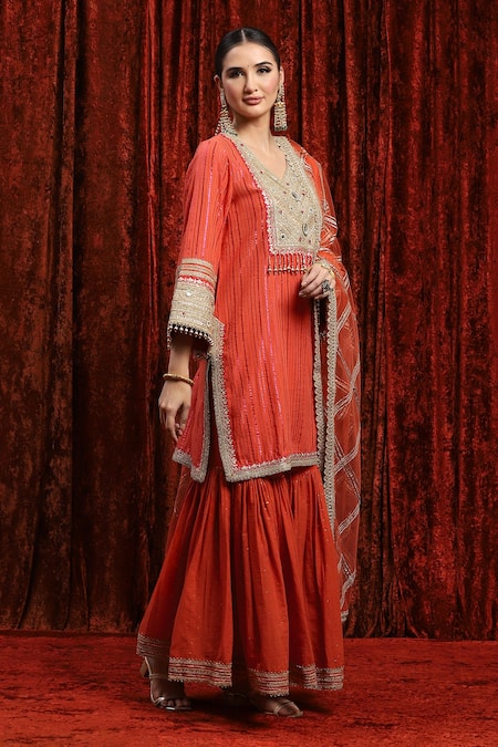 Buy_Shikhar Sharma_Orange Cotton, Silk, Chanderi, Net Embroidery, Sequins, Gota Kurta Sharara Set _Online_at_Aza_Fashions