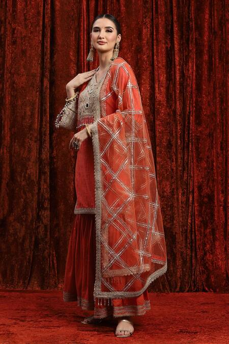 Shop_Shikhar Sharma_Orange Cotton, Silk, Chanderi, Net Embroidery, Sequins, Gota Kurta Sharara Set _Online_at_Aza_Fashions