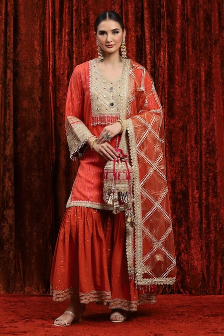 Shikhar Sharma_Orange Cotton, Silk, Chanderi, Net Embroidery, Sequins, Gota Kurta Sharara Set _at_Aza_Fashions