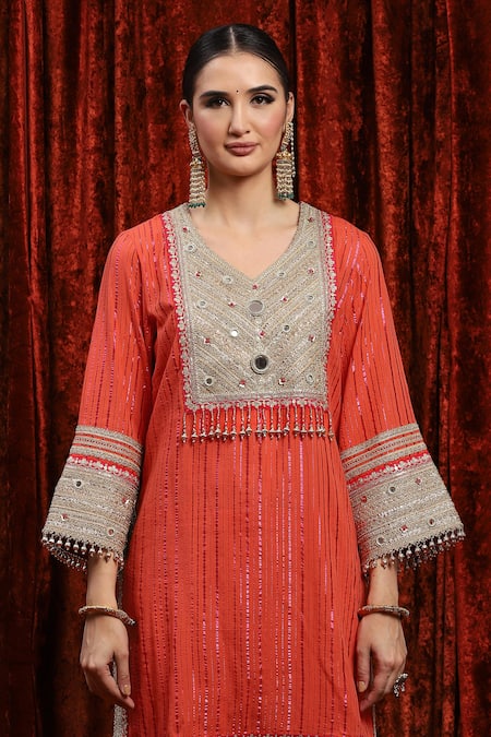 Buy_Shikhar Sharma_Orange Cotton, Silk, Chanderi, Net Embroidery, Sequins, Gota Kurta Sharara Set 