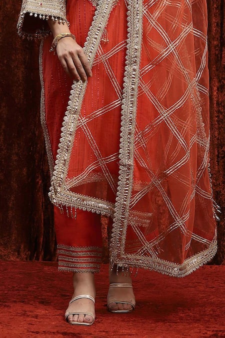 Shikhar Sharma_Orange Cotton, Silk, Net, Chanderi Gota Patti, Mirrorwork Kurta Pant Set _Online_at_Aza_Fashions