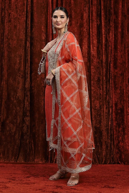 Shop_Shikhar Sharma_Orange Cotton, Silk, Net, Chanderi Gota Patti, Mirrorwork Kurta Pant Set _Online_at_Aza_Fashions