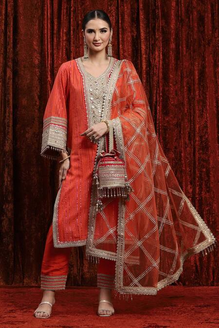 Shikhar Sharma_Orange Cotton, Silk, Net, Chanderi Gota Patti, Mirrorwork Kurta Pant Set _at_Aza_Fashions