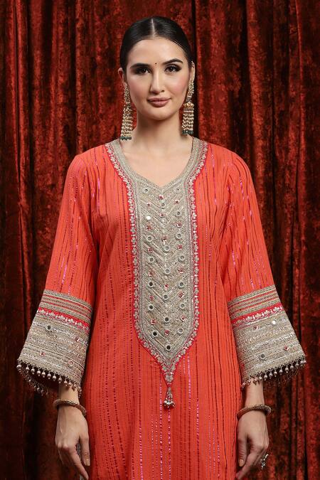 Buy_Shikhar Sharma_Orange Cotton, Silk, Net, Chanderi Gota Patti, Mirrorwork Kurta Pant Set 