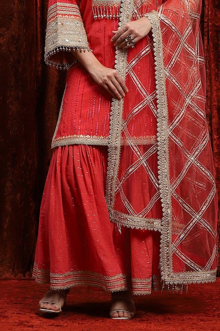 Shikhar Sharma_Red Cotton, Silk, Net, Chanderi Embroidery, Gota Striped Kurta Sharara Set _Online_at_Aza_Fashions
