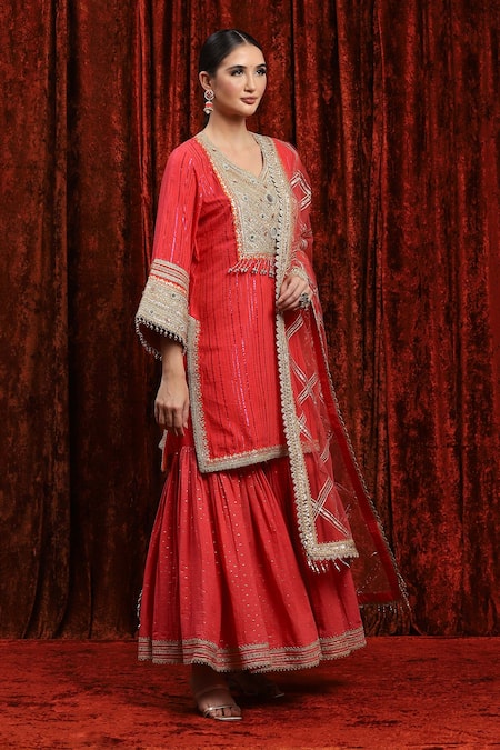 Buy_Shikhar Sharma_Red Cotton, Silk, Net, Chanderi Embroidery, Gota Striped Kurta Sharara Set _Online_at_Aza_Fashions