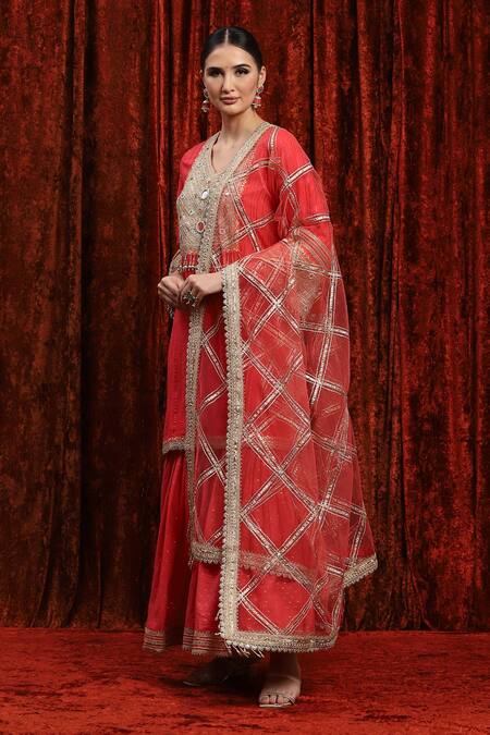 Shop_Shikhar Sharma_Red Cotton, Silk, Net, Chanderi Embroidery, Gota Striped Kurta Sharara Set _Online_at_Aza_Fashions