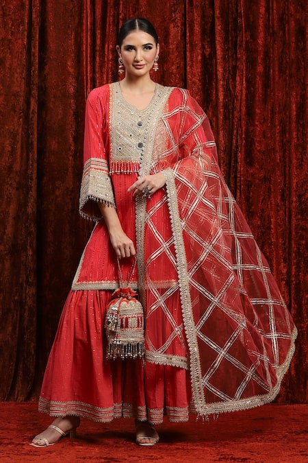 Shikhar Sharma_Red Cotton, Silk, Net, Chanderi Embroidery, Gota Striped Kurta Sharara Set _at_Aza_Fashions