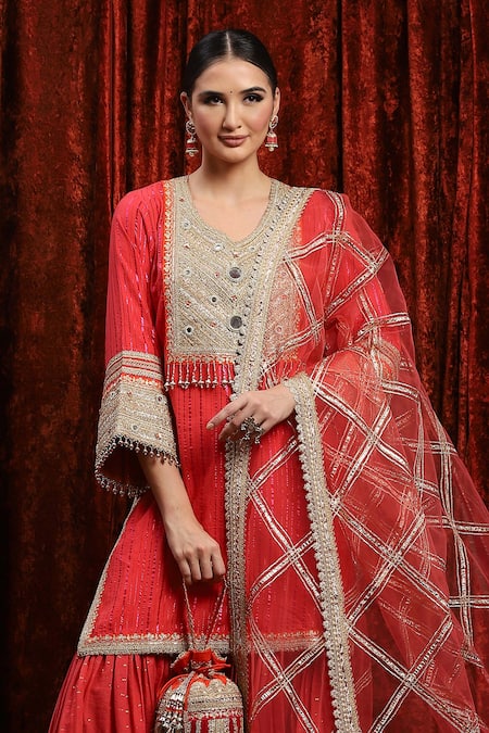 Buy_Shikhar Sharma_Red Cotton, Silk, Net, Chanderi Embroidery, Gota Striped Kurta Sharara Set 