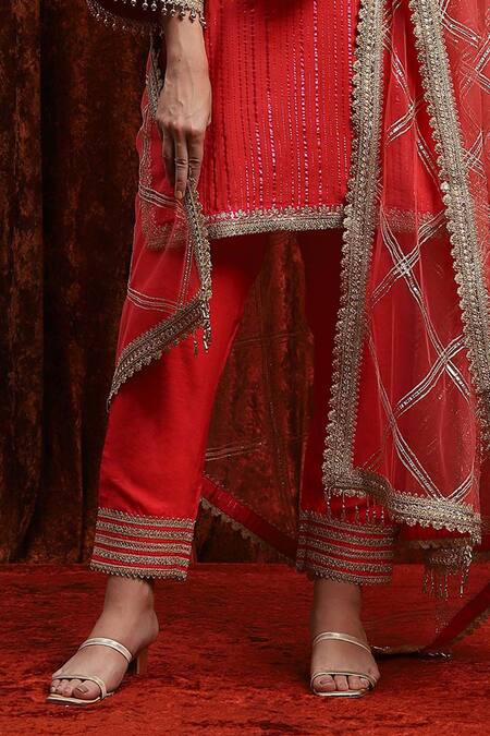 Shikhar Sharma_Red Cotton, Silk, Net, Chanderi Gota Patti, Embroidered Striped Kurta Pant Set _Online_at_Aza_Fashions